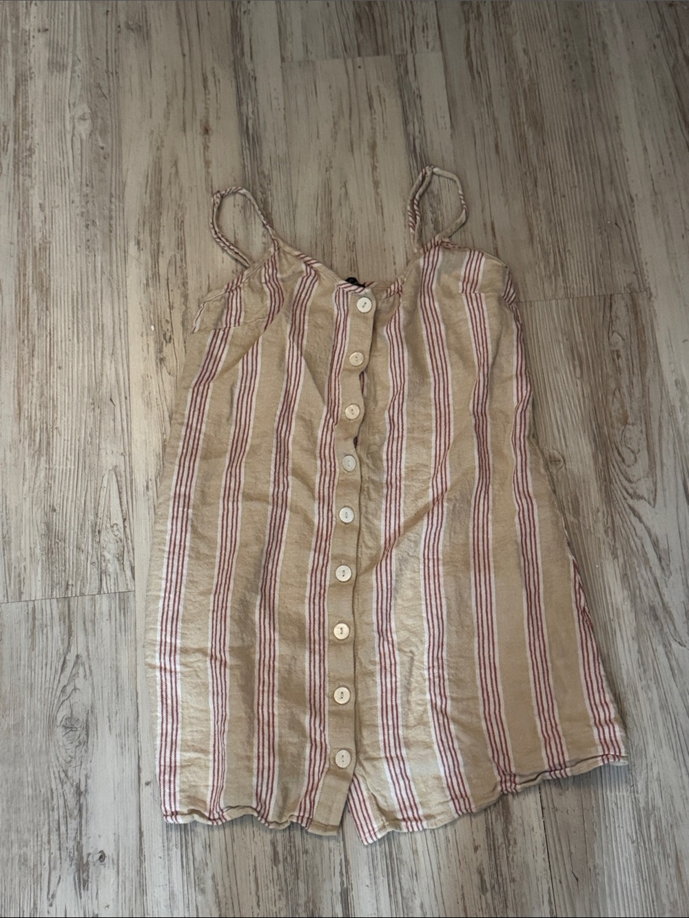 Linen-Blend Striped Button-Front Cami Dress in Beige and Red